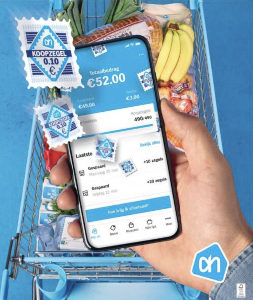 Digitaal AH koopzegels sparen in de AH app voor rente! Drie euro cashback per volle spaarkaart van 490 zegels t.w.v. 49 euro.