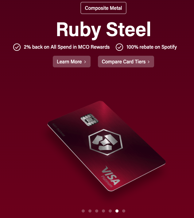 MCO Visa card: Ruby Steel van 'Composite Metal'. 25 dollar (21 euro) één van de beleggen bonus acties in geld.