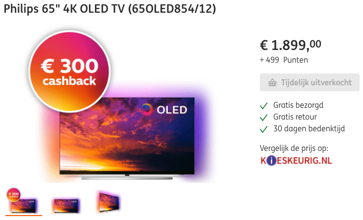 Philips 65" 4K OLED TV met type nummer 65OLED804/12 voor €1899 in de ING Rentewinkel