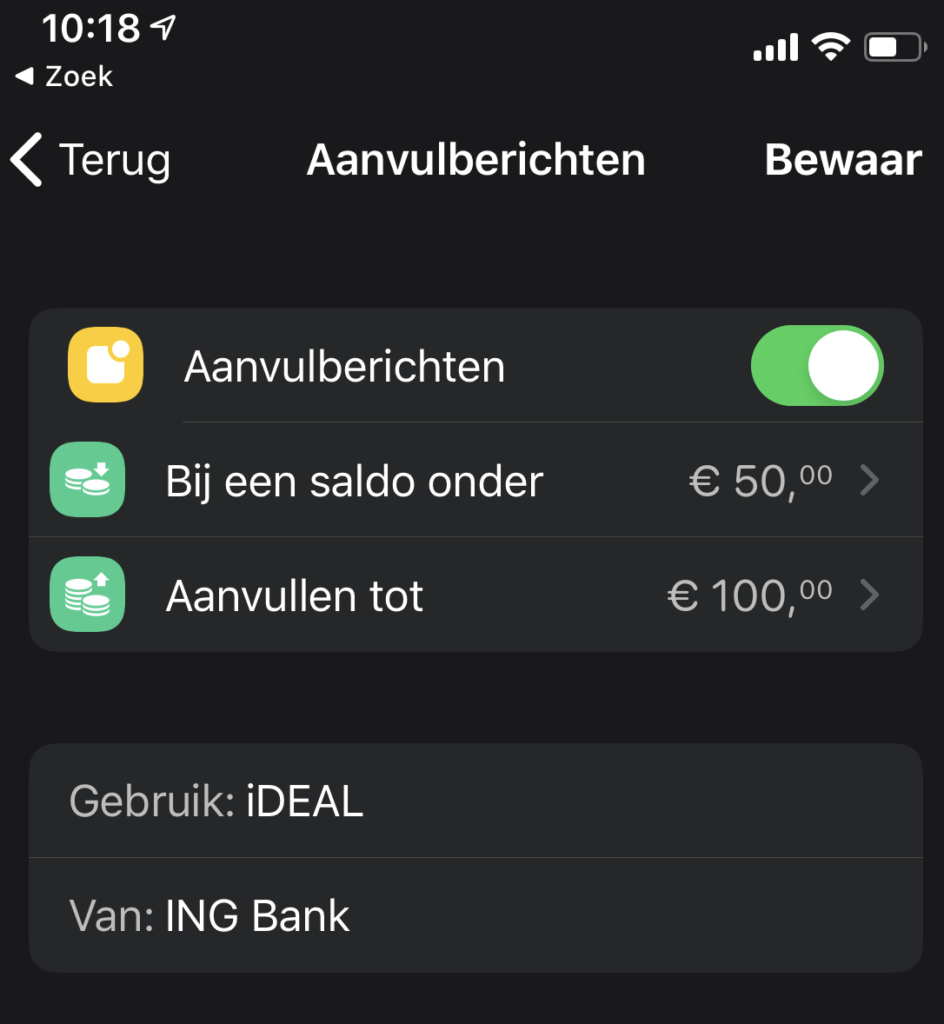 Saldo automatisch aanvullen in de Bunq app.