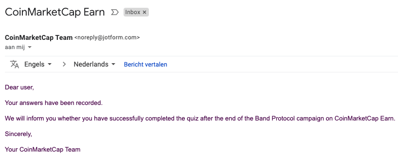 E-mail bevestiging van 'CoinMarketCap Earn' na de antwoorden op de vragen voor 'Band Protocol' $BAND