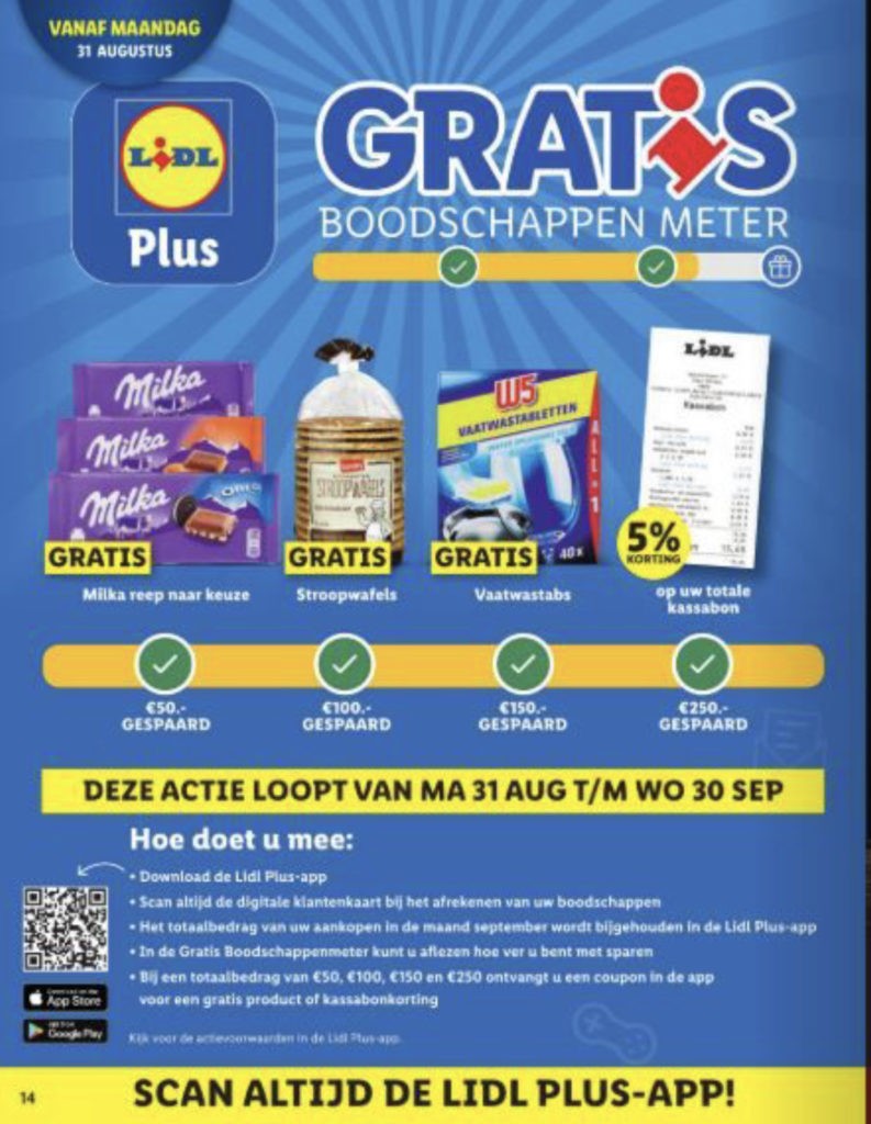 Gratis producten sparen of gratis 5% kassabon korting via de gratis boodschappen meter na inscannen Lidl Plus app digitale klantenkaart