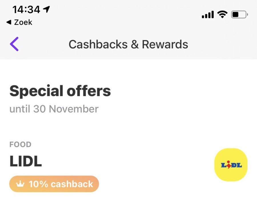 10% cashback bij de Lidl tot en met november via Vivid bank. 