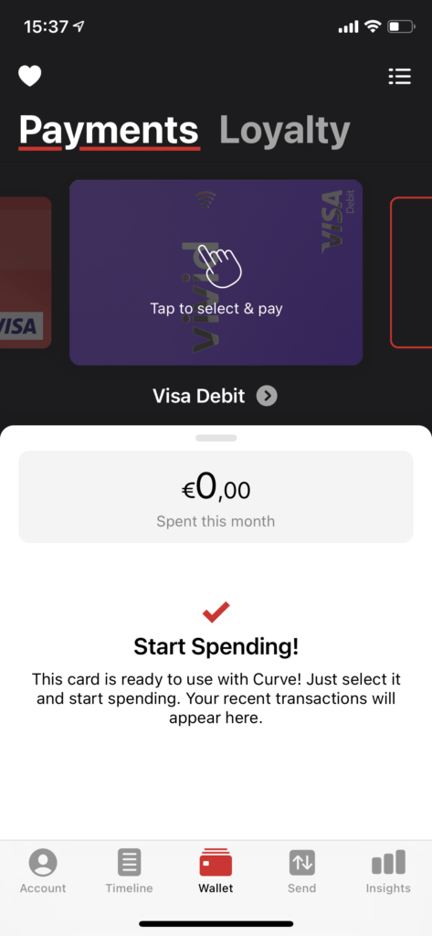 Vivid virtual VISA card toegevoegd in de Curve app klaar om te betalen via o.a. Apple Pay en meer