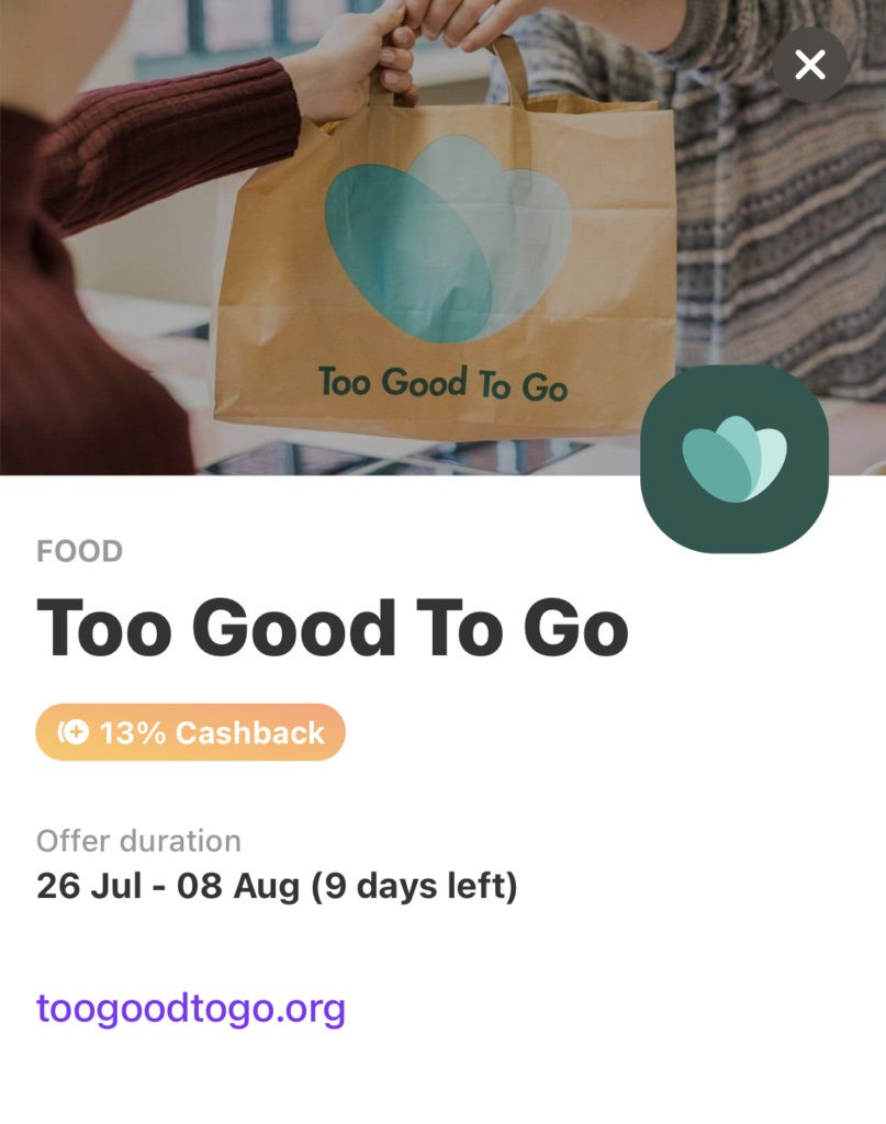 13 procent cashback in de 'Too Good To Go' app indien je betaalt met de gratis Vivid Money betaalpas