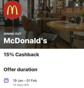 15% cashback bij McDonald's